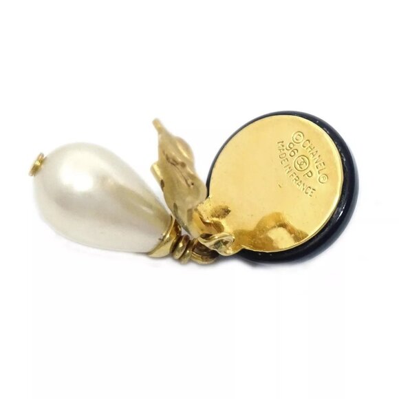 Chanel Artificial Pearl Dangle Earrings Clip-On Gold 96P 29890 - Picture 3 of 4